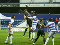 Roterams Michael Smith wins a header during the Sky Bet Championship match between Queens Park Rangers and Rotherham United at Loftus Road S...
