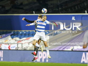 QPRs Lyndon Dykes wins a header during the Sky Bet Championship match between Queens Park Rangers and Rotherham United at Loftus Road Stadiu...