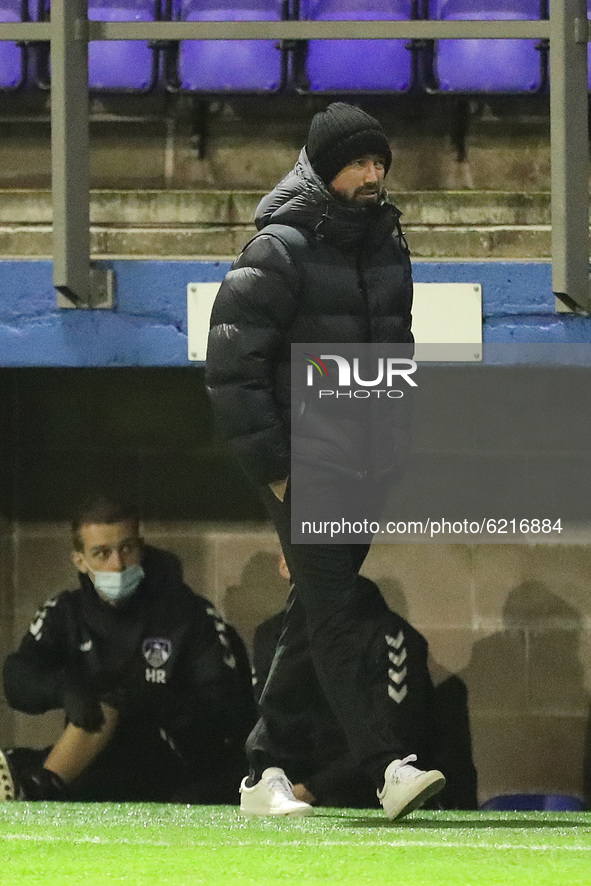 Oldham Athletic manager Harry Kewell  during the Sky Bet League 2 match between Barrow and Oldham Athletic at the Holker Street, Barrow-in-F...
