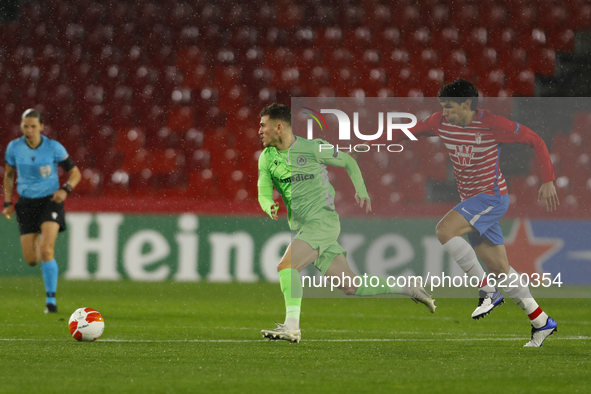 Marinos Tzioni, of AC Omonoia and Jesus Vallejo, of Granada CF  during the UEFA Europa League Group E stage match between Granada CF and AC...