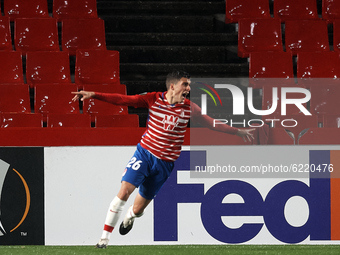 Alberto Soro of Granada celebrates after scoring his sides first goal during the UEFA Europa League Group E stage match between Granada CF a...