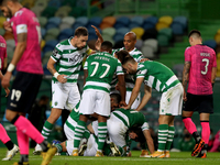 Pedro Goncalves of Sporting CP celebrates with teammates after scoring during the Portuguese League football match between Sporting CP and M...