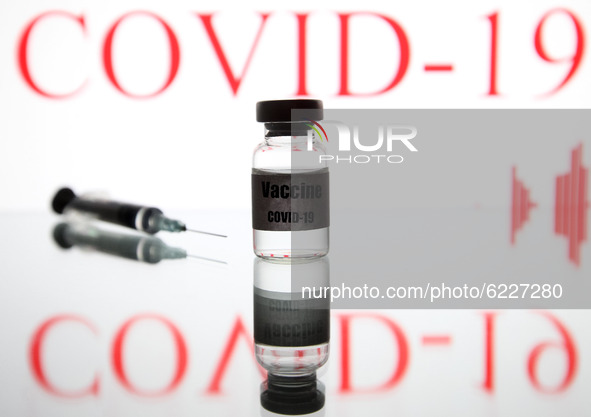 A medical syringe and a vial with a sticker reading Vaccine COVID-19 are seen in this creative illustrative photo. More than one hundred fif...