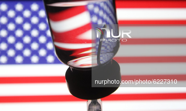A medical syringe and a vial in front of the US flag are seen in this creative illustrative photo. More than one hundred fifty COVID-19 coro...