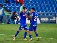 Angel Rodriguez and Cucho Hernandez celebrates a goal during La Liga SmartBank match between Getafe CF and Athletic Club at Coliseum Alfonso...