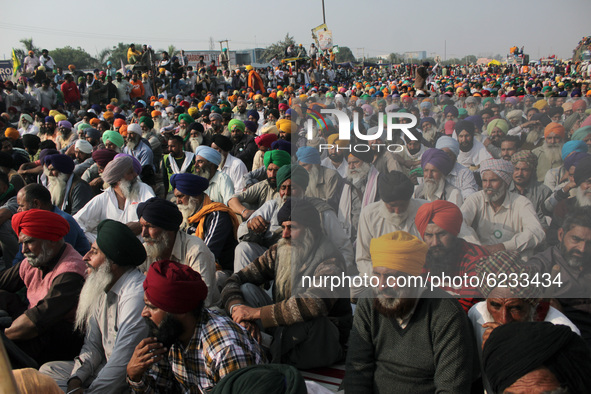 Farmers attend a protest against the Centre's new farm laws at Singhu border near Delhi, India on November 30, 2020. Farmers from Punjab, Ha...