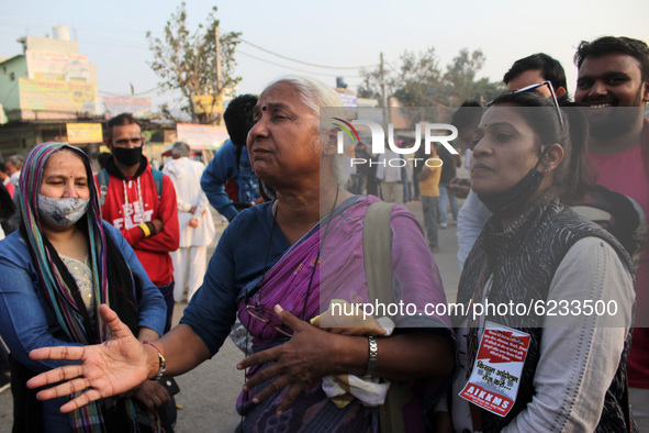 Social activist Medha Patkar addresses media during a protest against the Centre's new farm laws at Singhu border near Delhi, India on Novem...