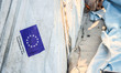 The EU flag on a molten tent in Moria refugee camp after the fire. The afthermath of Moria...