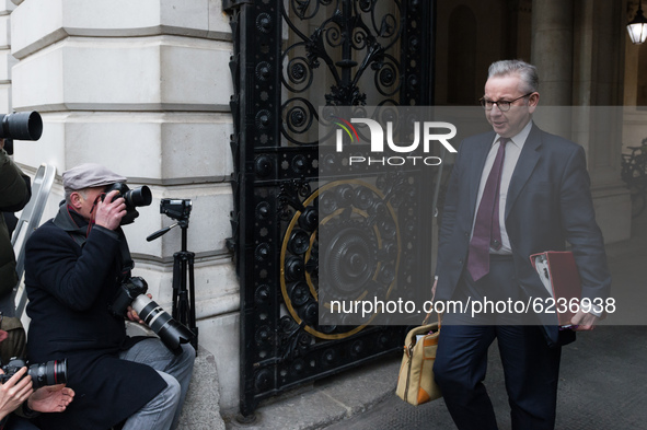 Chancellor of the Duchy of Lancaster Michael Gove leaves Downing Street in central London after attending weekly Cabinet meeting held at the...