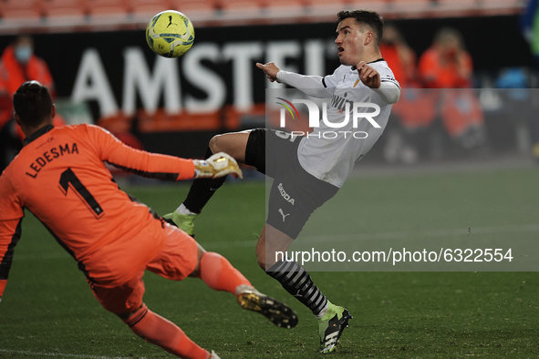 Hugo Guillamon of Valencia shooting to goal during the La Liga Santander match between Valencia CF and Cadiz CF at Estadio Mestalla on Janua...
