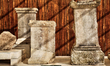 Artifacts on display in the ancient Roman town of Volubilis in Meknes, Morocco, Africa. Vo...