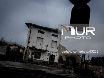 A damaged building in Onna, L'Aquila, on March 24, 2014. Onna one of the countries most affected by the earthquake of April 6, 2009 with the...