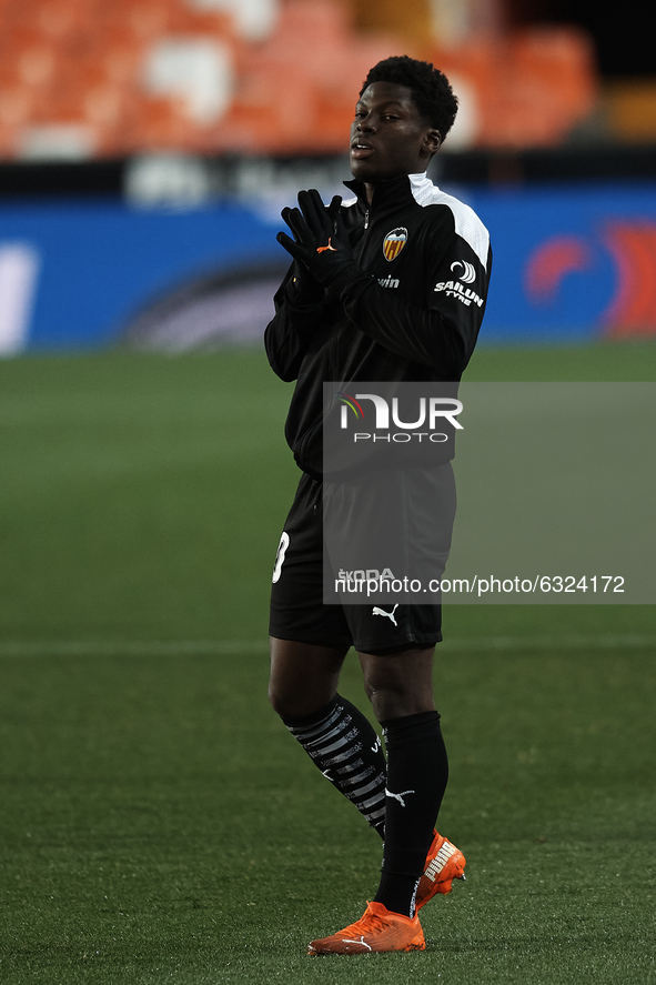 Yunus Musah of Valencia during the warm-up before the La Liga Santander match between Valencia CF and Cadiz CF at Estadio Mestalla on Januar...