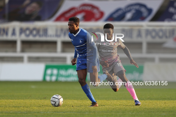  Timi Odusina of Hartlepool United in action with Wealdstone's Moses Emmanuel  during the Vanarama National League match between Hartlepool...