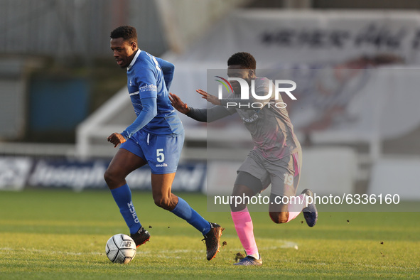 Timi Odusina of Hartlepool United in action with Wealdstone's Moses Emmanuel  during the Vanarama National League match between Hartlepool U...