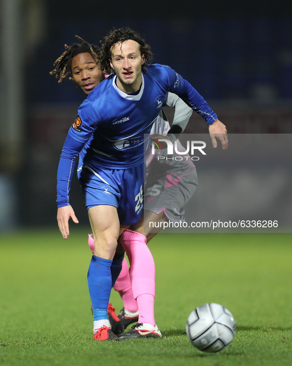   Jacob Mendy of Wealdstone in action with Hartlepool United's Jamie Sterry in the Vanarama National League match between Hartlepool United...