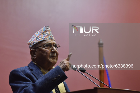 Prime Minister of Nepal KP Sharma Oli addressing in the National Assembly before end of the winter session on Sunday, January 10, 2021. Pres...