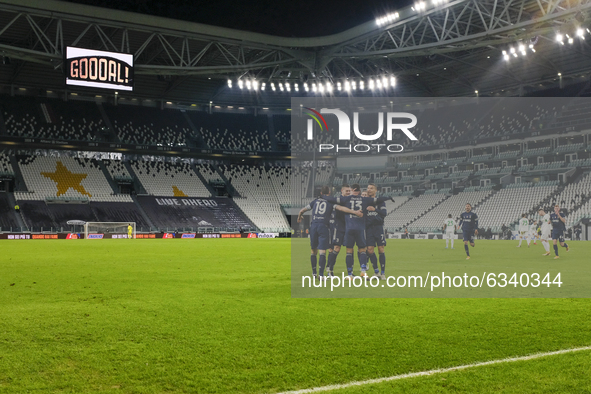 Danilo Luiz da Silva of Juventus FC celebrates with teammates after scoring a goal during the Serie A football match between Juventus FC and...