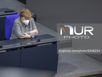 Angela Merkel attends the 203th Summit of the German Parliament, in Berlin, Germany, on January 13, 2021. (