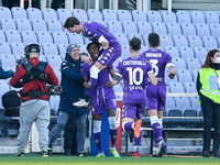 Cristian Kouame' of ACF Fiorentina celebrates after scoring first goal during the Coppa Italia match between ACF Fiorentina and FC Internazi...