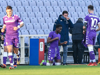 Cristian Kouame' of ACF Fiorentina celebrates after scoring first goal during the Coppa Italia match between ACF Fiorentina and FC Internazi...