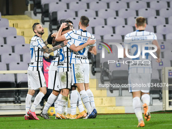Romelu Lukaku of FC Internazionale celebrates after scoring second goal  during the Coppa Italia match between ACF Fiorentina and FC Interna...