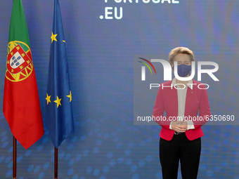 European Commission President Ursula Von Der Leyen pose for a photo during a visit of the European College of Commissioners for a round of m...
