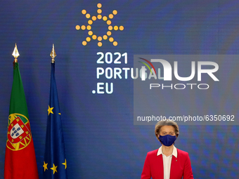 European Commission President Ursula Von Der Leyen pose for a photo during a visit of the European College of Commissioners for a round of m...