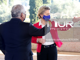 Portuguese Prime Minister Antonio Costa (L ) chats with European Commission President Ursula Von Der Leyen during a visit of the European Co...