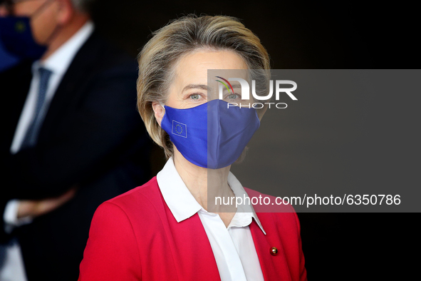 European Commission President Ursula Von Der Leyen looks on during a visit of the European College of Commissioners for a round of meetings...