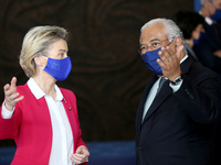 Portuguese Prime Minister Antonio Costa (R ) chats with European Commission President Ursula Von Der Leyen during a visit of the European Co...