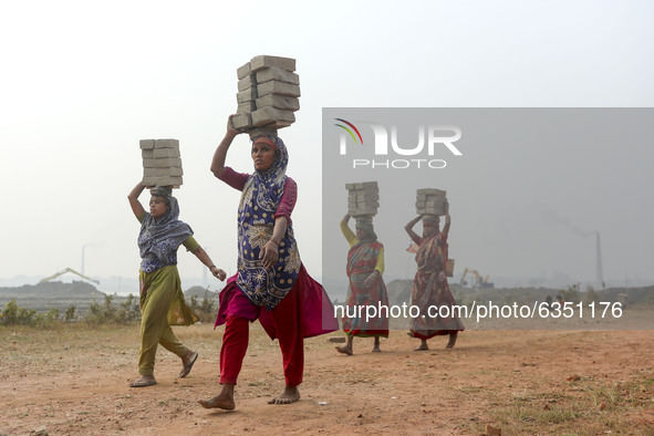 Brickfield female workers are work in brickfields at Narayanganj near Dhaka Bangladesh on January 15, 2021. 