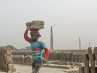 Brickfield children workers are work in brickfields at Narayanganj near Dhaka Bangladesh on January 15, 2021. (