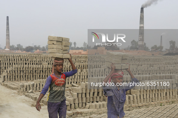 Brickfield children workers are work in brickfields at Narayanganj near Dhaka Bangladesh on January 15, 2021. 