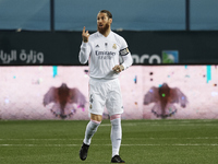 Sergio Ramos of Real Madrid gives instructions during the Supercopa de Espana Semi Final match between Real Madrid and Athletic Club at Esta...