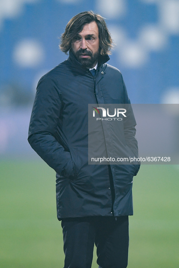 Andrea Pirlo manager of Juventus FC looks on during the Italian PS5 Supercup Final match between FC Juventus and SSC Napoli at the Mapei Sta...