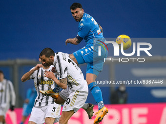 Andrea Petagna of SSC Napoli and Leonardo Bonucci of Juventus FC jump for the ball during the Italian PS5 Supercup Final match between FC Ju...
