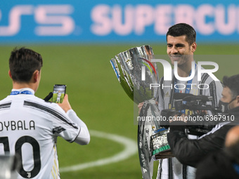 Paulo Dybala of Juventus FC and Alvaro Morata of Juventus FC celebrate after winning the Italian Super Cup Final match between FC Juventus a...