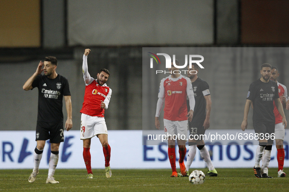 Abel Ruiz celebrates his goal after confirmation by the VAR during the Allianz Cup semi final game between SL Benfica and Braga, at  Estádio...