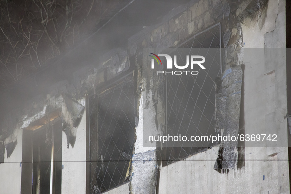 Building windows after fire, in Kharkiv, Ukraine, on January 21, 2021.  A fire at a private nursing home in the Ukrainian city of Kharkiv ki...