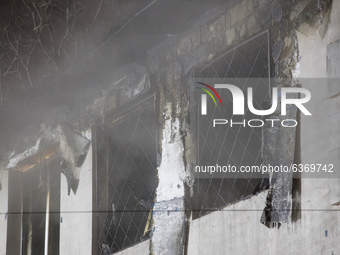 Building windows after fire, in Kharkiv, Ukraine, on January 21, 2021.  A fire at a private nursing home in the Ukrainian city of Kharkiv ki...