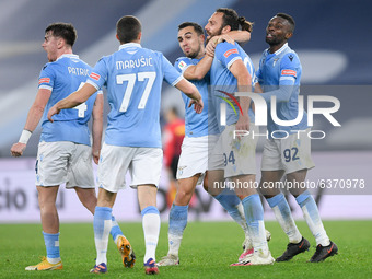 Vedat Muriqi of SS Lazio celebrates after scoring second goal  during the Coppa Italia match between SS Lazio and Parma Calcio 1913 at Stadi...