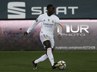 Ferland Mendy of Real Madrid controls the ball during the Supercopa de Espana Semi Final match between Real Madrid and Athletic Club at Esta...