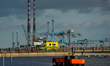 An ambulance seen on Tom Clarke Bridge in Dublin during Level 5 Covid-19 lockdown. On Fri...