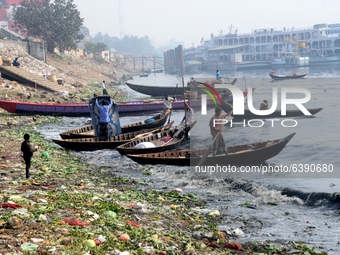 Water pollution by human waste dumped in Buriganga River in Dhaka, Bangladesh, on January 29, 2021. (