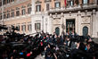 League party leader Matteo Salvini (C) speaks to members of the media in Montecitorio squa...