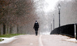 A person wearing a face mask walks through snowfall beside the Rotten Row bridleway in Hyd...