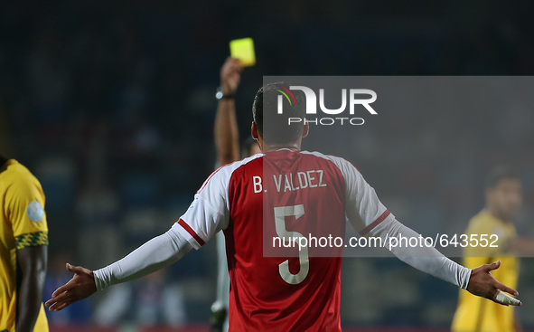 ANTOFAGASTA, June 17, 2015 () -- Paraguay's Bruno Valdez receives a yellow card during the group B match against Jamaica at the 2015 America...