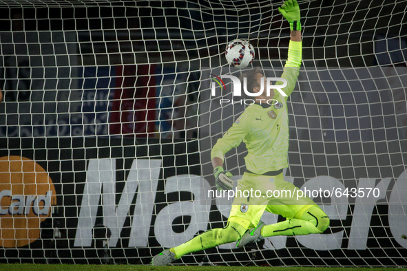 (150617) -- LA SERENA, June 17, 2015 () -- Goalie Fernando Muslera of Uruguay tries to prevent a goal during the Group B match against Argen...