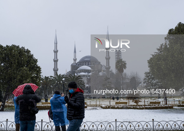 A view of snowfall in Istanbul, Turkey, on February 14, 2021 amid the Covid-19 pandemic. 